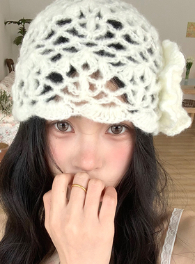 韩系立体花朵针织冷帽女春夏季