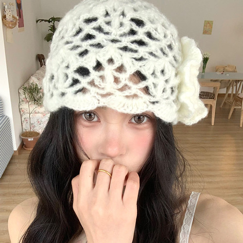 韩系立体花朵针织冷帽女春夏季新款显脸小透气帽子镂空编织包头帽 - 图1