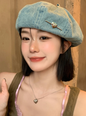 爱心蓝色水洗牛仔贝雷帽女夏薄款