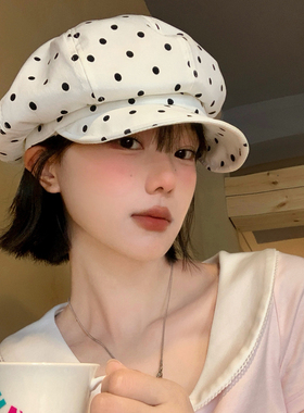 日系复古波点白色八角贝雷帽女夏