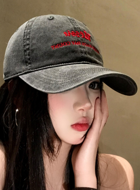 复古字母刺绣水洗灰色棒球帽女