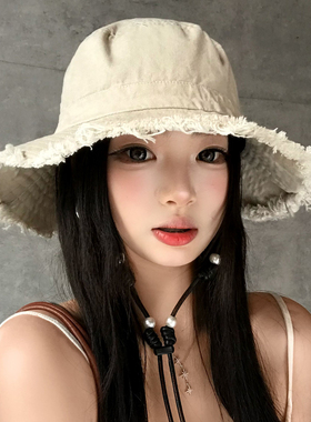 日系简约毛边绑带白色渔夫帽女春