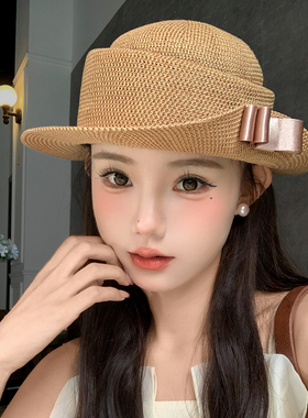 法式赫本风蝴蝶结草编礼帽女优雅