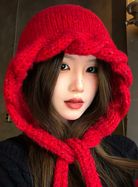 红色麻花辫绑带针织毛线帽女秋冬