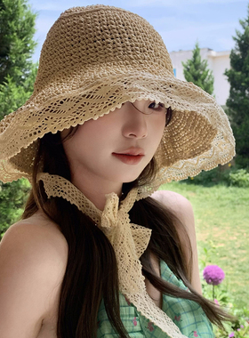 赫本风镂空蕾丝系带草帽女夏大檐