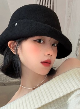 黑色赫本风翻檐毛呢礼帽女秋冬