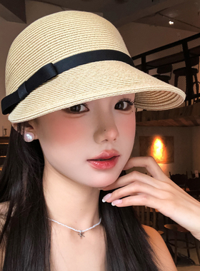 法式蝴蝶结圆顶鸭舌草帽女夏度假