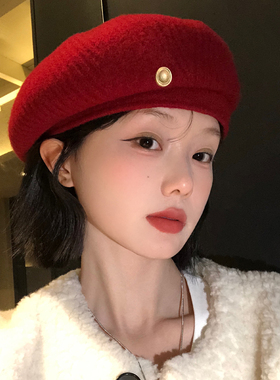 高品质新年红色针织贝雷帽女冬