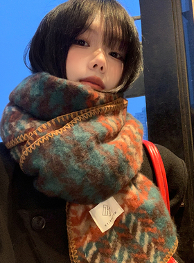 圣诞高级感墨绿色千鸟格子围巾女