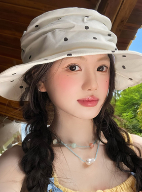 高级感白色波点褶皱渔夫帽女夏季