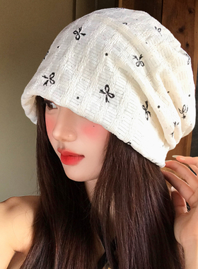 波点蝴蝶结白色堆堆包头帽子女春