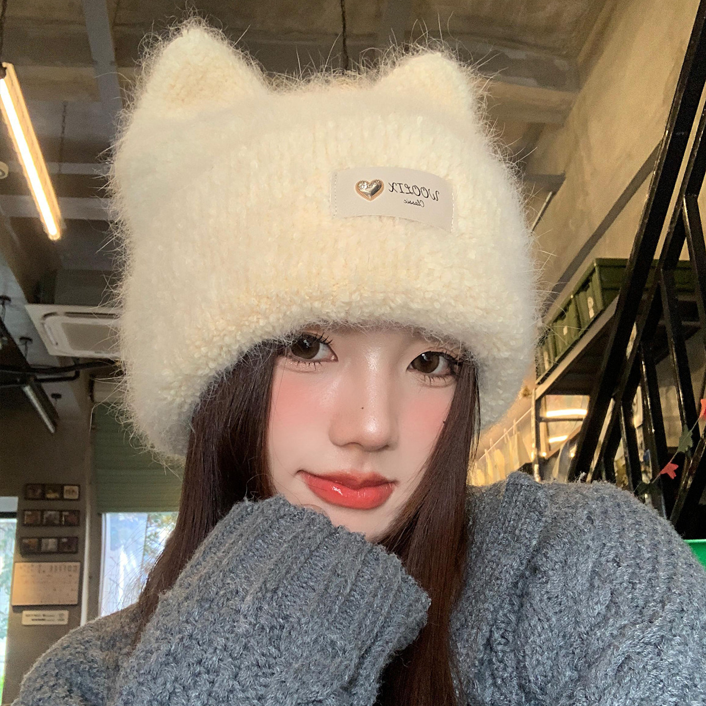 甜美可爱猫耳朵毛茸茸兔毛针织帽女秋冬季显脸小保暖护耳毛线帽子,淘宝优惠券,粉丝福利购,淘宝优惠卷