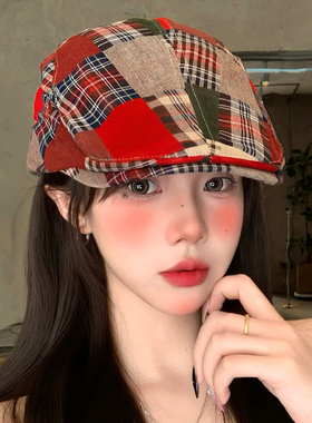 日系复古红色格纹鸭舌前进帽文艺