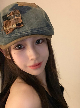 美式复古做旧贴标牛仔贝雷帽女潮