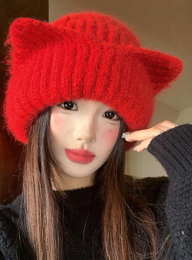 红色可爱猫耳朵针织毛线帽子女