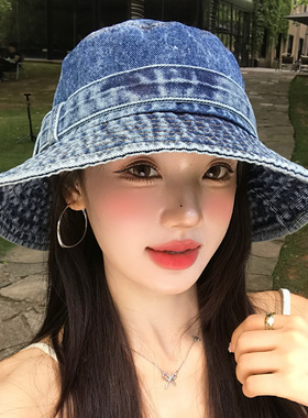 卡扣腰带复古水洗牛仔渔夫帽子女
