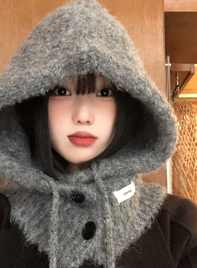 灰色帽子围巾一体女冬加厚保暖