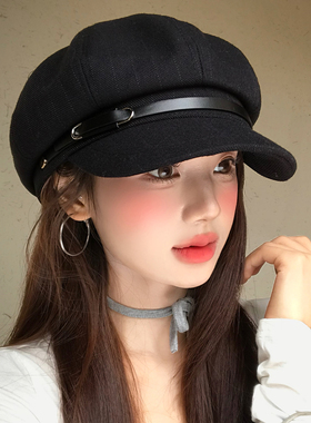 复古黑色皮扣条纹八角贝雷帽女秋