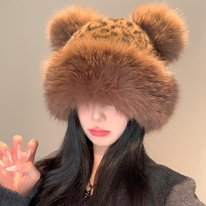 复古豹纹小熊耳朵毛绒蒙古帽女秋冬仿皮草渔夫帽子保暖护耳盆帽潮,淘宝优惠券,粉丝福利购,淘宝优惠卷