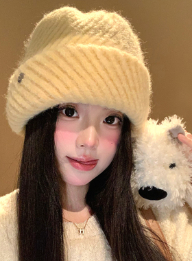 韩系大头围黄色条纹毛线帽女秋冬