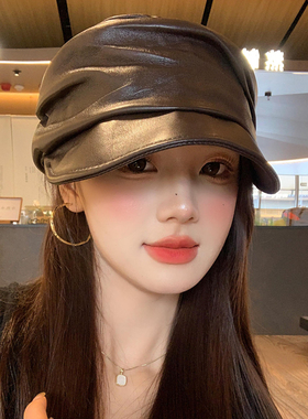 美式复古PU皮黑色贝雷帽女秋冬季