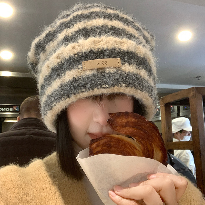 拼色条纹毛线帽女秋冬季日系宽松保暖护耳堆堆帽针织大头围帽子潮 - 图3