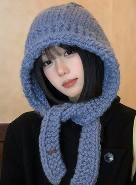 韩系蓝色手工钩织针织毛线帽子女