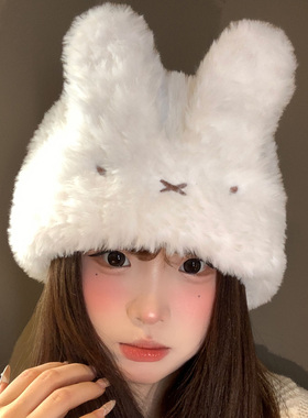 可爱白色兔子耳朵毛绒帽女冬加绒
