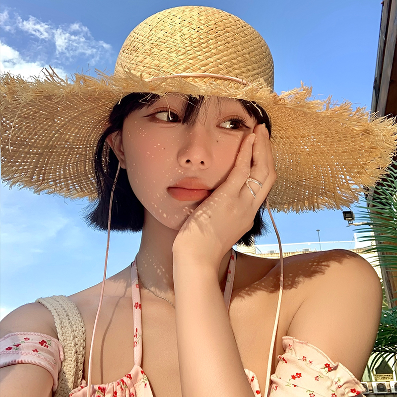 法式大帽檐编织拉菲草帽女夏季海边沙滩度假风帽子遮阳防晒太阳帽 - 图3