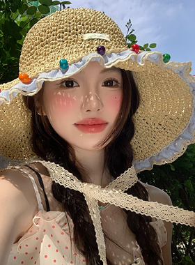 蕾丝彩珠飘带草编渔夫帽子女夏