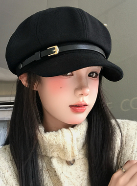 黑色复古英伦风皮带扣贝雷帽女秋