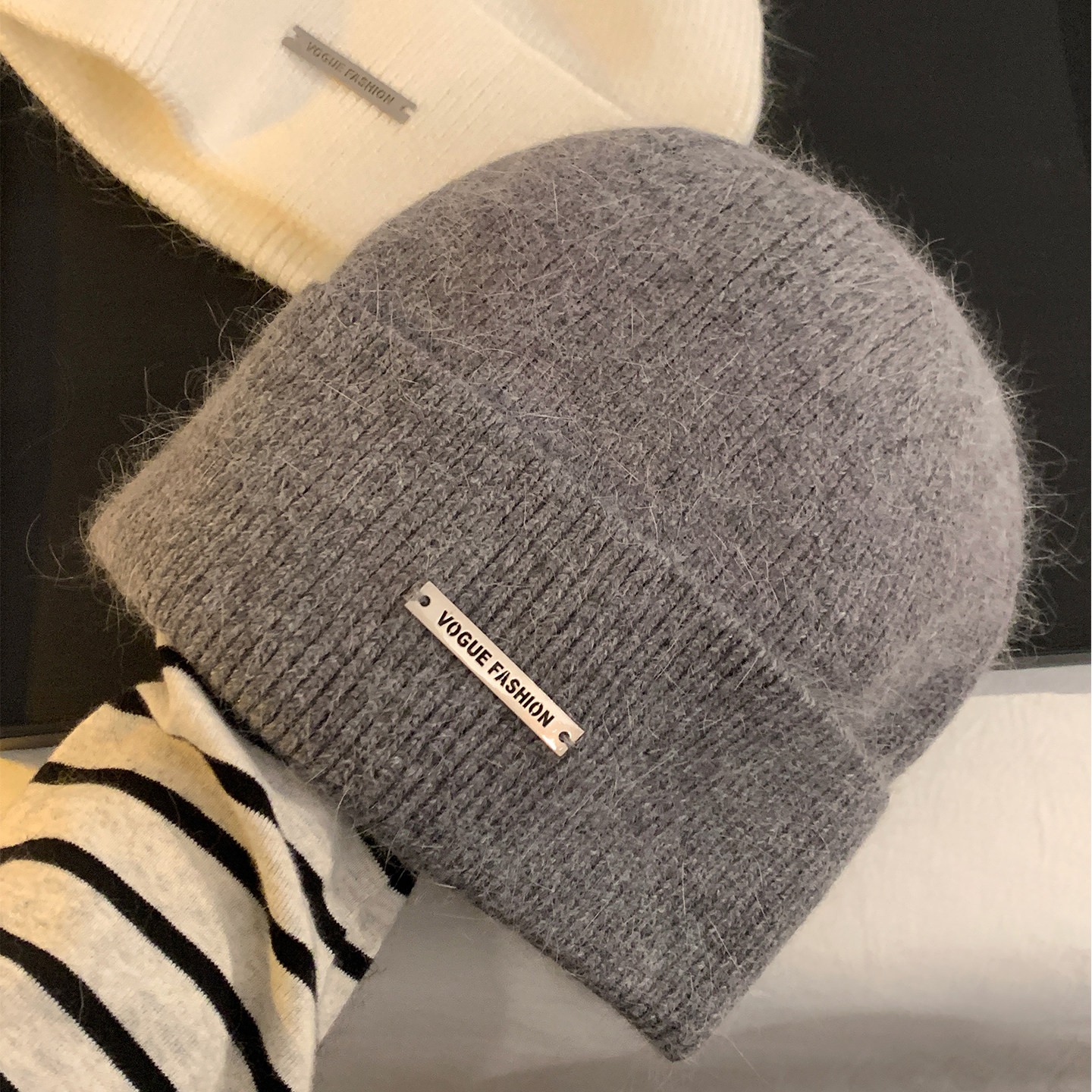 灰色兔毛针织帽女秋冬2025新款加厚大头围保暖毛线帽子显脸小冷帽,淘宝优惠券,粉丝福利购,淘宝优惠卷