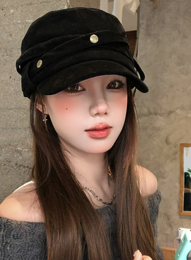 复古金属扣麂皮平顶马术帽女秋冬