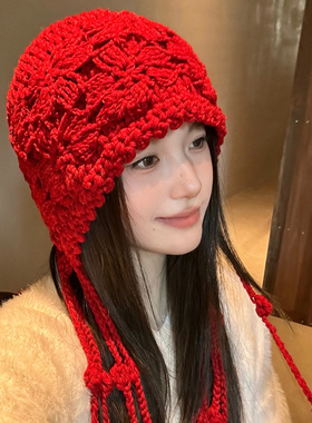 川西旅游花朵流苏红色针织帽女