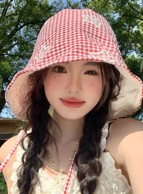 红色格子星星绑带渔夫帽女夏季薄