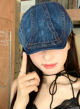 日系复古做旧水洗牛仔贝雷帽女夏