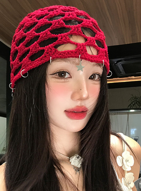 星星红色镂空针织帽女夏季透气