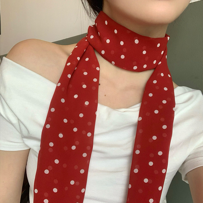 韩系波点红色长条丝巾女2025年春新款高级感气质百搭系脖飘带颈饰,淘宝优惠券,粉丝福利购,淘宝优惠卷