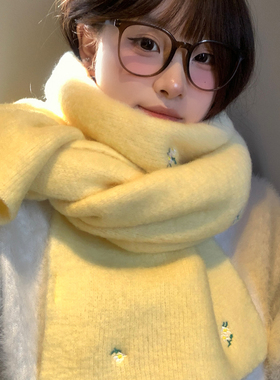 韩系氛围感黄色花朵刺绣针织围巾