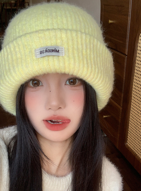 软糯黄色大头围针织帽子女秋冬季