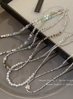 碎银子串珠复古绿石头项链锁骨链