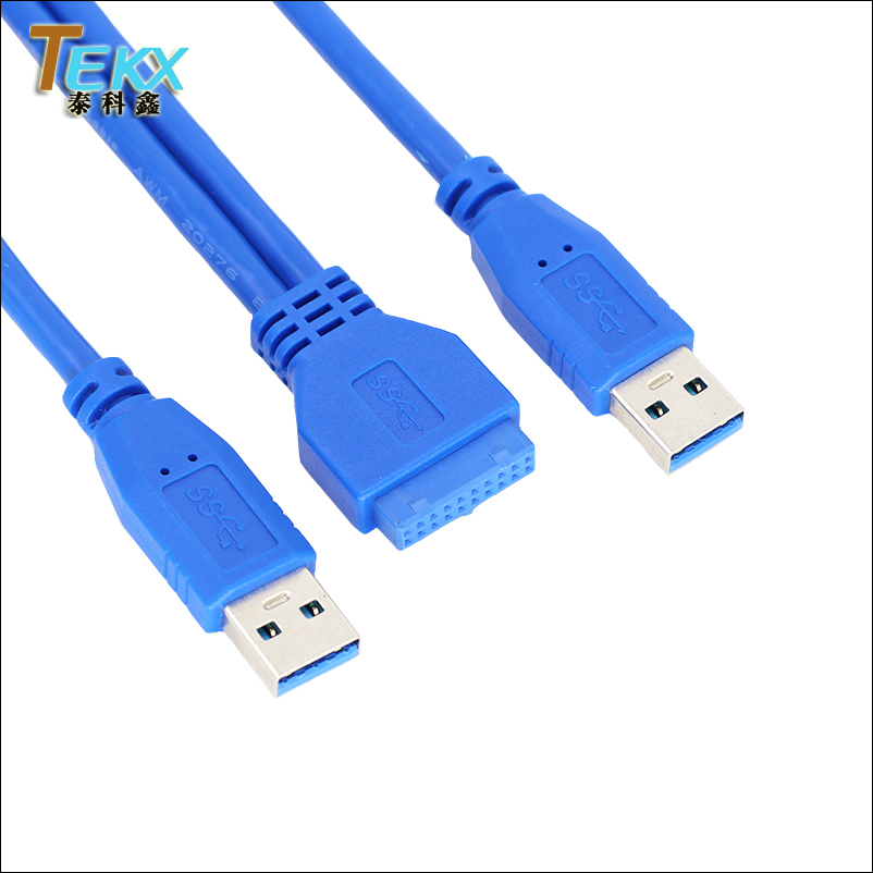 主板19Pin/20Pin转USB3.0扩展线USB3.0公头转20P母头转接线台式机主板19针/20针转USB3.0 2口数据线 30厘米 - 图2