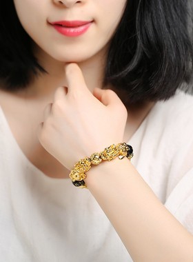 正品越南沙金双貔貅手链女士情侣黑曜石六子真言男款大气手串转运