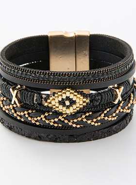 ZNFY欧美爆款合金磁铁扣手镯米珠编织皮革手链手镯波西米亚风