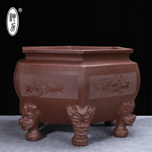 紫砂花盆 盆景盆 画卷字画缸 仿古六方兽脚大盆景盆栽花盆古典盆 - 图1
