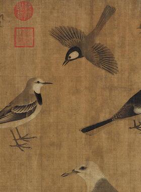 高清原大五代黄筌写生珍禽图国画工笔画昆虫鸟雀线描微喷装饰画