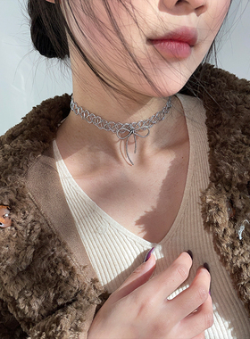 甜美简约银色蝴蝶结弹力choker