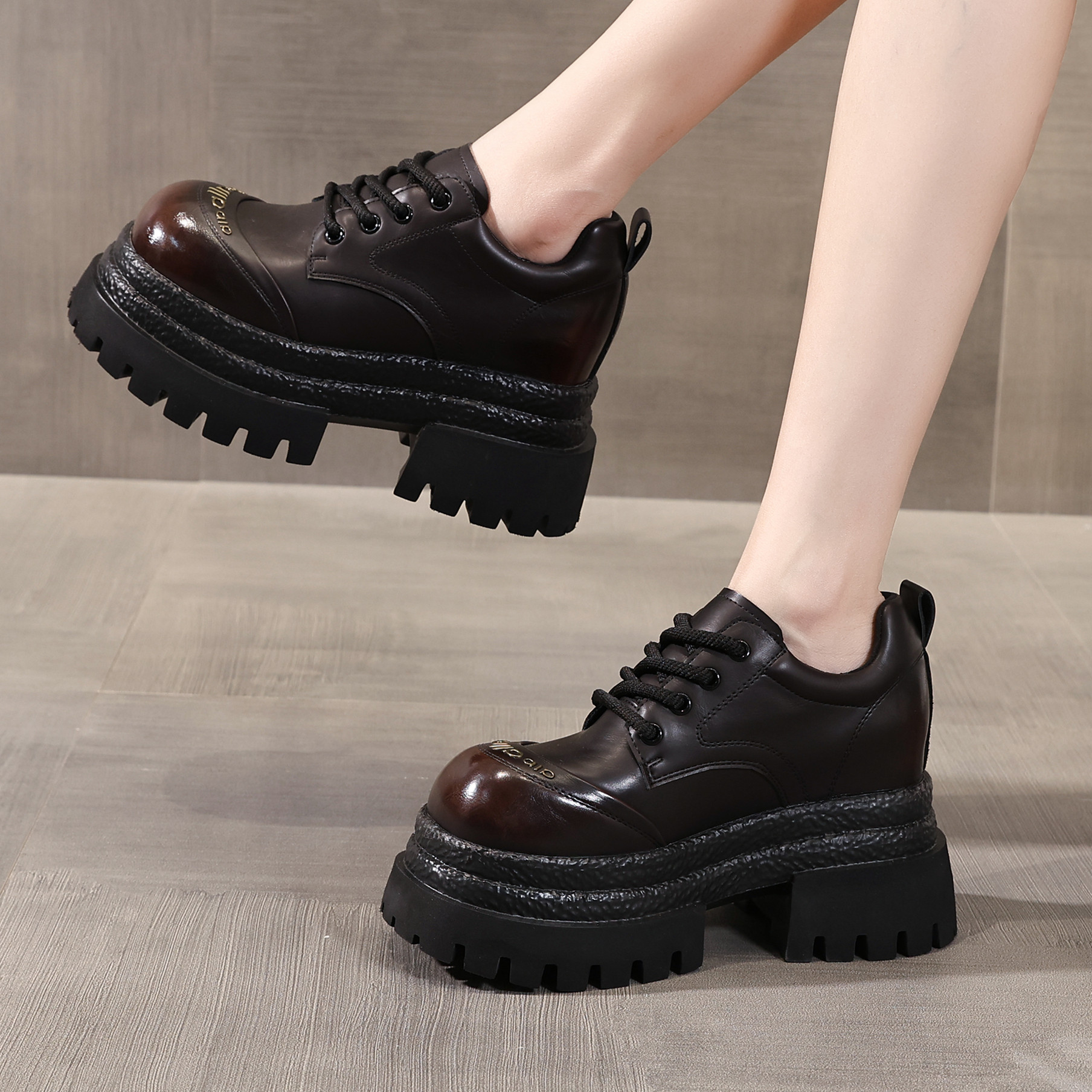 ZFCQ新款复古厚底内增高小皮鞋女真皮2025秋冬擦色松糕深口乐福鞋,淘宝优惠券,粉丝福利购,淘宝优惠卷