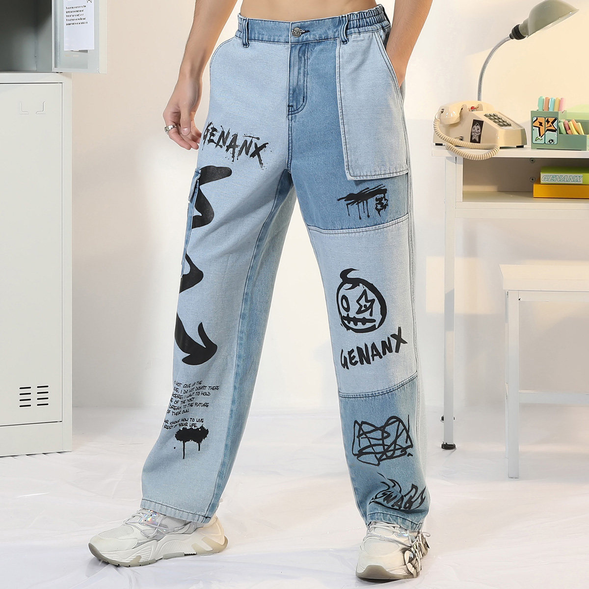 GENANX闪电潮牌秋季裤子国潮秋季新款街头风印花拼接工装牛仔裤男,淘宝优惠券,粉丝福利购,淘宝优惠卷