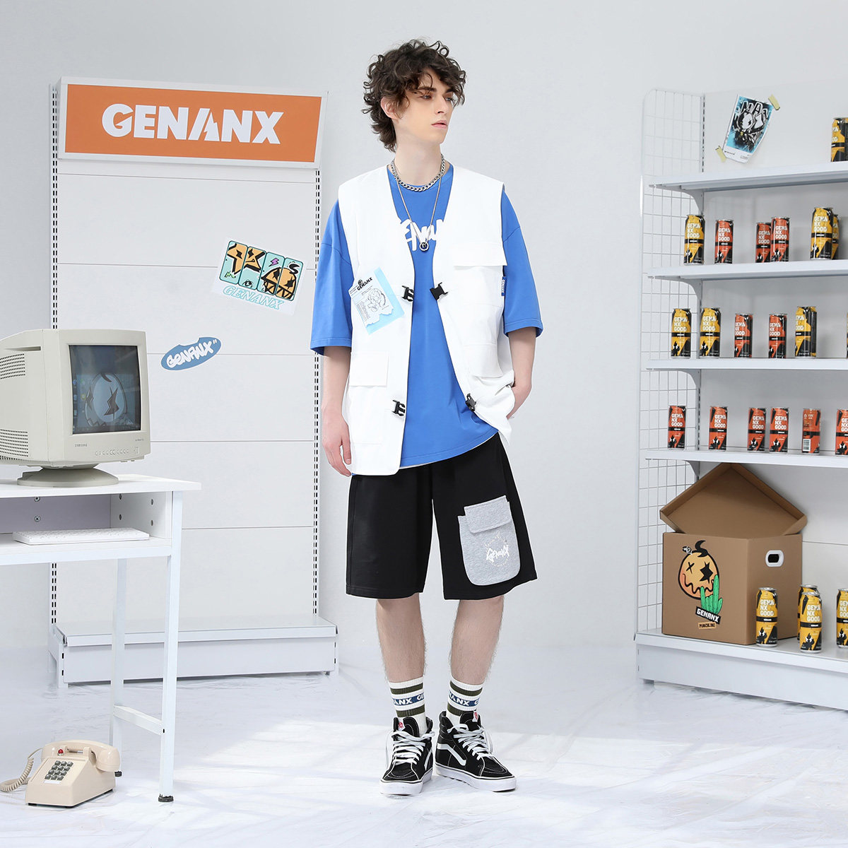 GENANX闪电潮牌多口袋插扣战术背心休闲秋季新款白色工装马甲男,淘宝优惠券,粉丝福利购,淘宝优惠卷